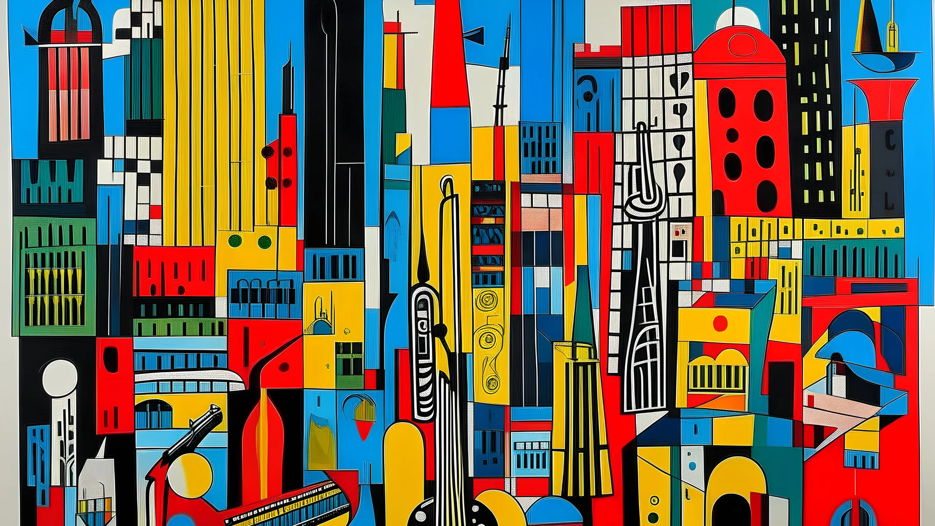 A metropolis made out of jazz instruments painted by Stuart Davis