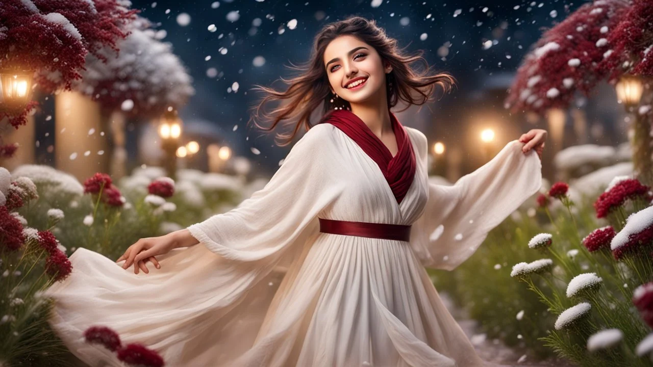 Hyper Realistic Photographic-close-view of Young Beautiful Happy Pashto Girl & with-beautiful-eyes-&-lips in a white-frock-&-Maroon-ribbon & beige-shawl happily-whirling in a beautiful flower garden snowfall-night with grass-arches showing dramatic & cinematic ambiance.