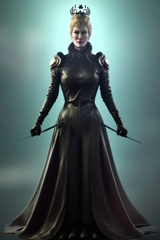 Cersei Lannister as evil queen in black leather coat, busty, cleavage, voluptuous, lena headay, angry, stern look. character design by cory loftis, fenghua zhong, ryohei hase, ismail inceoglu and ruan jia. unreal engine 5, artistic lighting, highly detailed, photorealistic, fantasy