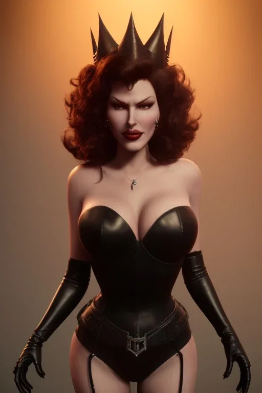 Rita Hayworth as evil queen in black leather, busty, cleavage, curvy, angry, stern look. character design by cory loftis, fenghua zhong, ryohei hase, ismail inceoglu and ruan jia. unreal engine 5, artistic lighting, highly detailed, photorealistic, fantasy