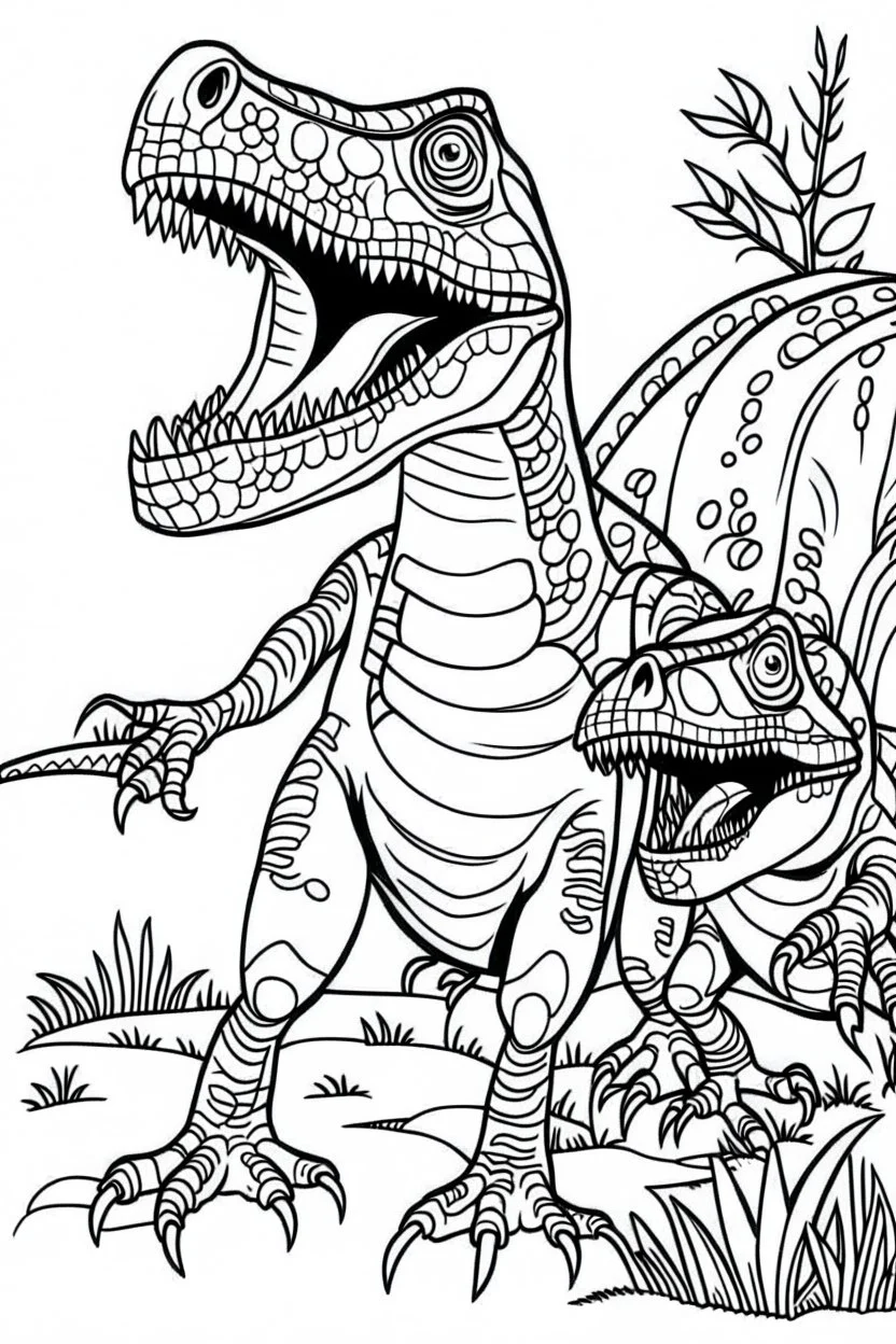 create a coloring page: Show a pair of adult T-Rex engaging in mating rituals, such as courtship displays or bonding behaviors. This can be an interesting scene for kids to color while learning about reproduction in dinosaurs. ink drawing clipart, simple line illustrations, colored