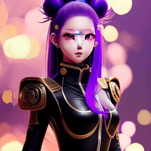 Detailed cute anime Kunoichi girl, purple hair buns, purple bangs, black latex bodysuit, intricate details, full body portrait, keep head in frame, slight smile, black Japanese motif, concept art, highly detailed, digital painting, concept art, sharp focus, illustration, art by Yoji Shinkawa, WLOP and greg rutkowski and alphonse mucha and artgerm and yanjun Chen and Junji ito and Makoto Shinkai, HDR, octane render