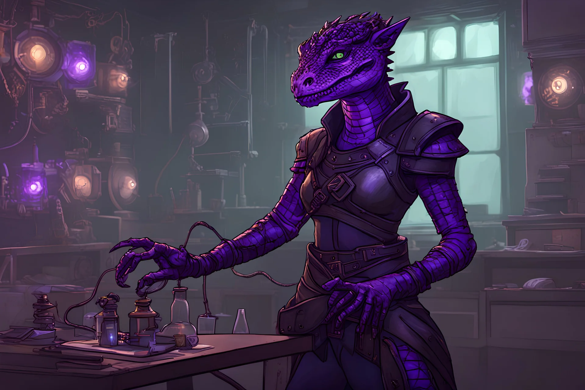 a black and purple, female argonian artificer who uses Tesla coils, skinny, wearing little armor, in her lab