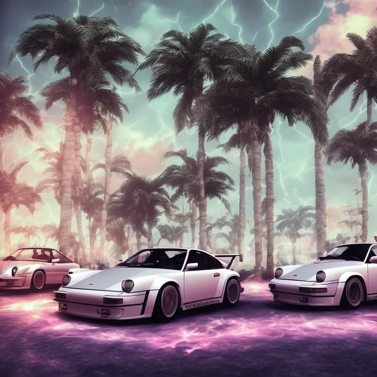 1980's aesthetic vaporwave palm trees and spheres and Porsche with lightning