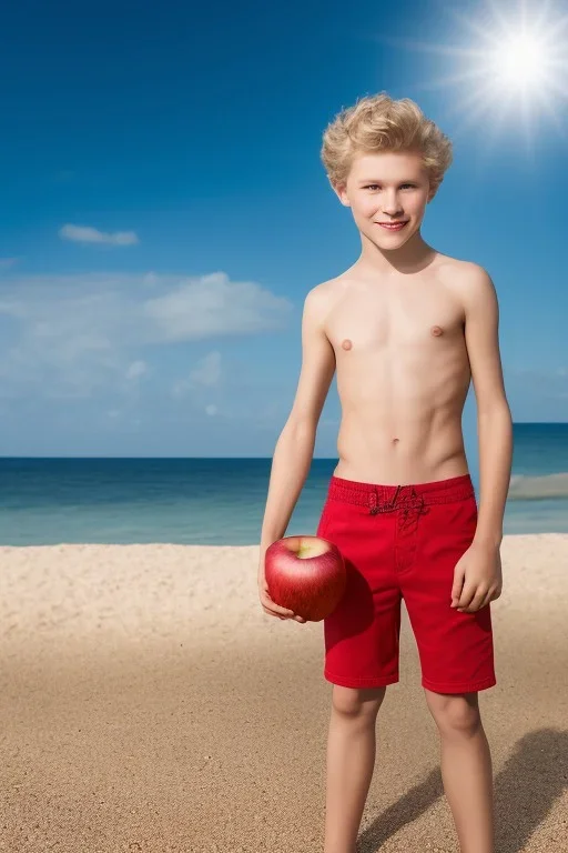 full body image of a beautiful 12 year old boy with long, blonde curly hair and light blue eyes, smiling, shirtless, holding a red apple in his right hand, in front of an distant beach, photorealistic