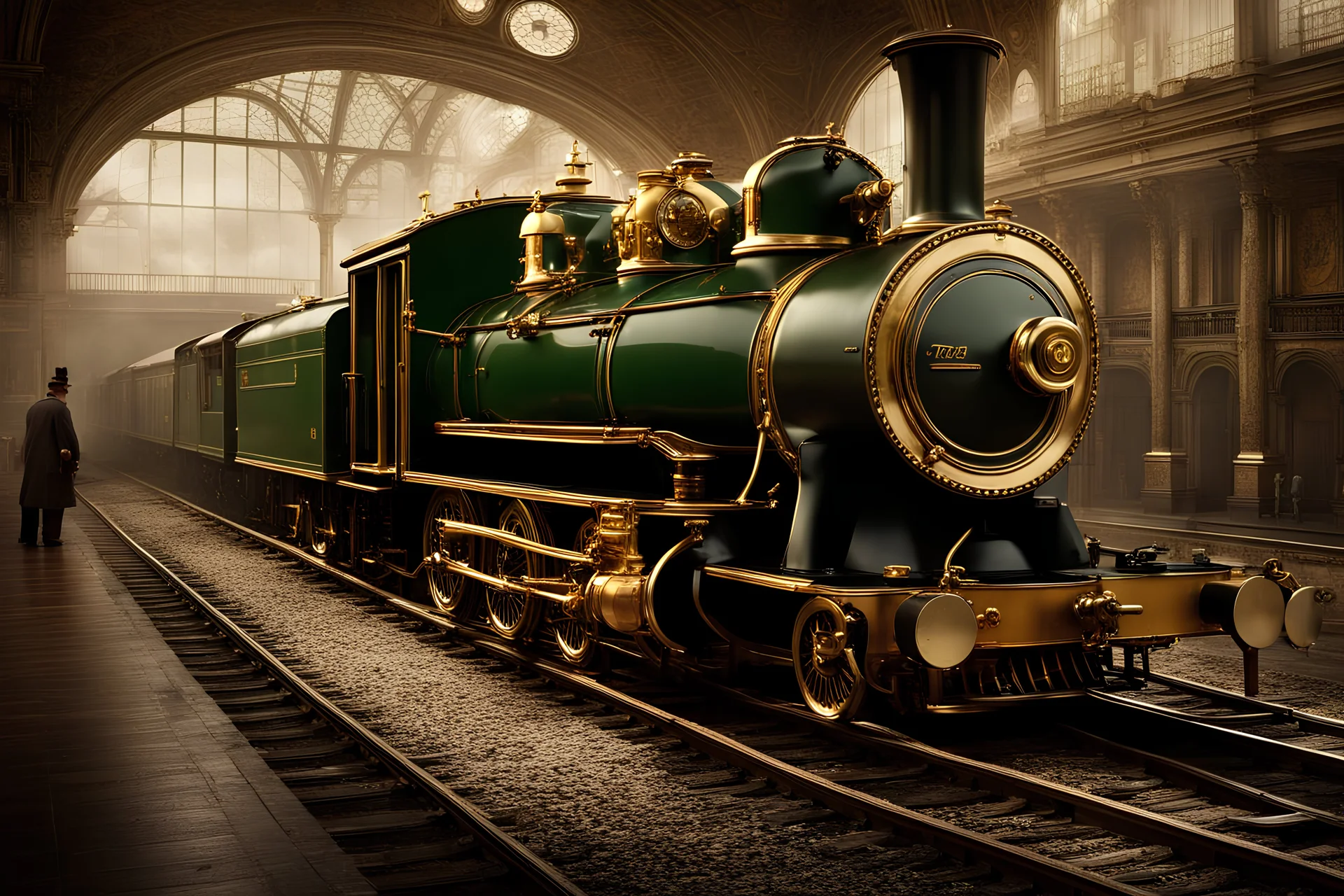 3D rendering, the effect of traces of motion, a classic steam locomotive rushing along the tracks inside an ancient station with ornate architecture and polished wooden floors, passengers standing on the platform and greeters with suitcases and luggage look in surprise after the rushing train, in black, gold and dark green color, hyper-detailed images with high resolution, high accuracy and correspondence to the description, clean lines, HDR, precise lines