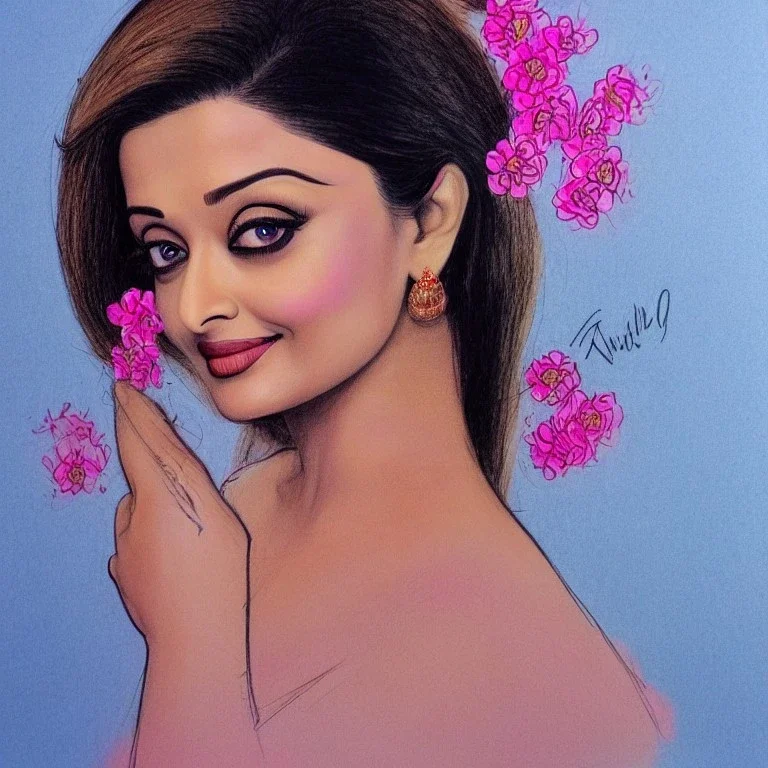 beautiful indian actress aishwarya rai , head, women, portrai, tron sketch of a girl on lined paperA beautiful one nude body of a make up smiling woman blond long hair, alone, high key lighting, volumetric light high details with white stripes and blue eye, smiling with plump pink lips, flowers around, unreal engine petit prince belle fine, profil de trois quart, grand front cosmique, peau bleu cristalline, yeux bleu