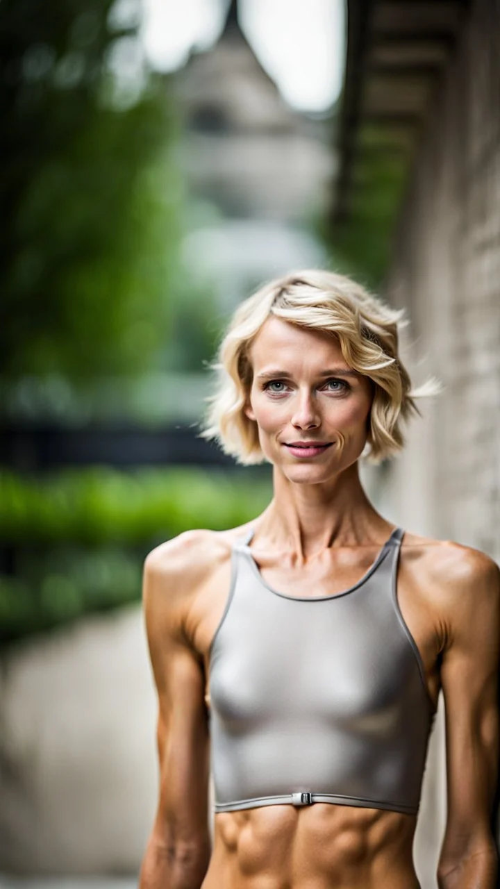 beautiful anorexic woman, total shot, short silver triathlon swimsuit, short blond wavy bob hair, blurred concrete background