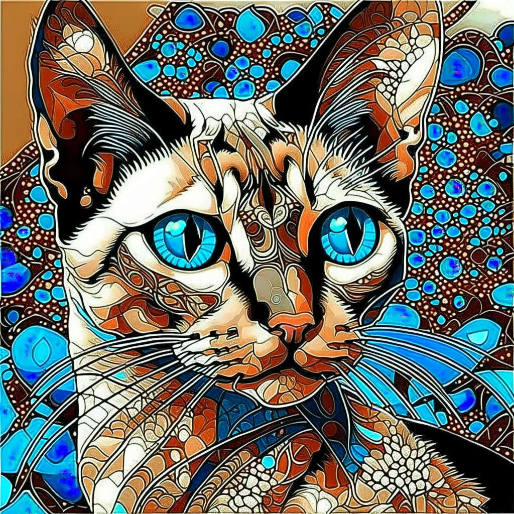 beautiful blue eyed, tall ,long legged, slender, elegant, sophisticated, sphynx-like chocolate point siamese cat expressionism pointillism style