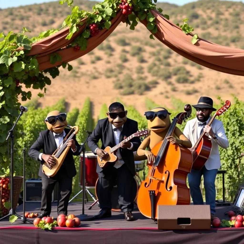 California Raisins wearing shades in a jazz quartet on a stage in a vinyard