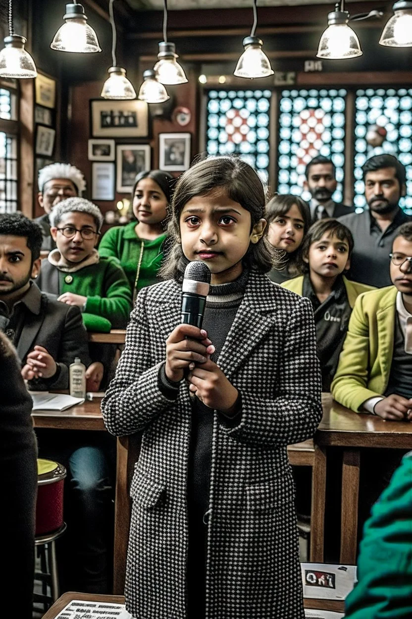 Opening shot: A noisy public place with a small and tense crowd gathered around Dr. Shumukh, a 10-year-old girl, a fierce and confident business leader Arabian style the award-winning commanding voice; Ladies and gentlemen, comrades and loyalists, thank you for being here today. We stand on the brink of change, about to regain what is right for us, (he lifts his fist) [cut shots from the crowd, capture their concentrated expressions and intense energy see the design etched on your faces.