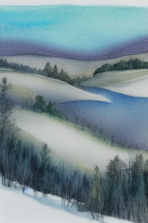 Rolling hills, lake, winter, snow, sunrise Modifiers: smooth intricate high definition beautiful lighting pencil sketch watercolor polished warm light watercolor and ink LNF