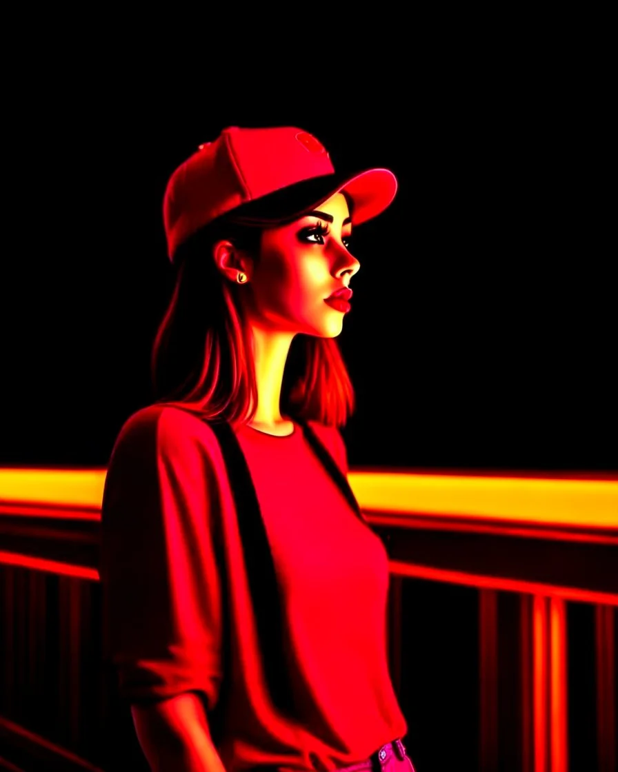 woman with a red baseball hat. leaning on a wooden balcony. night time. fantasy. medieval. studio lightining.