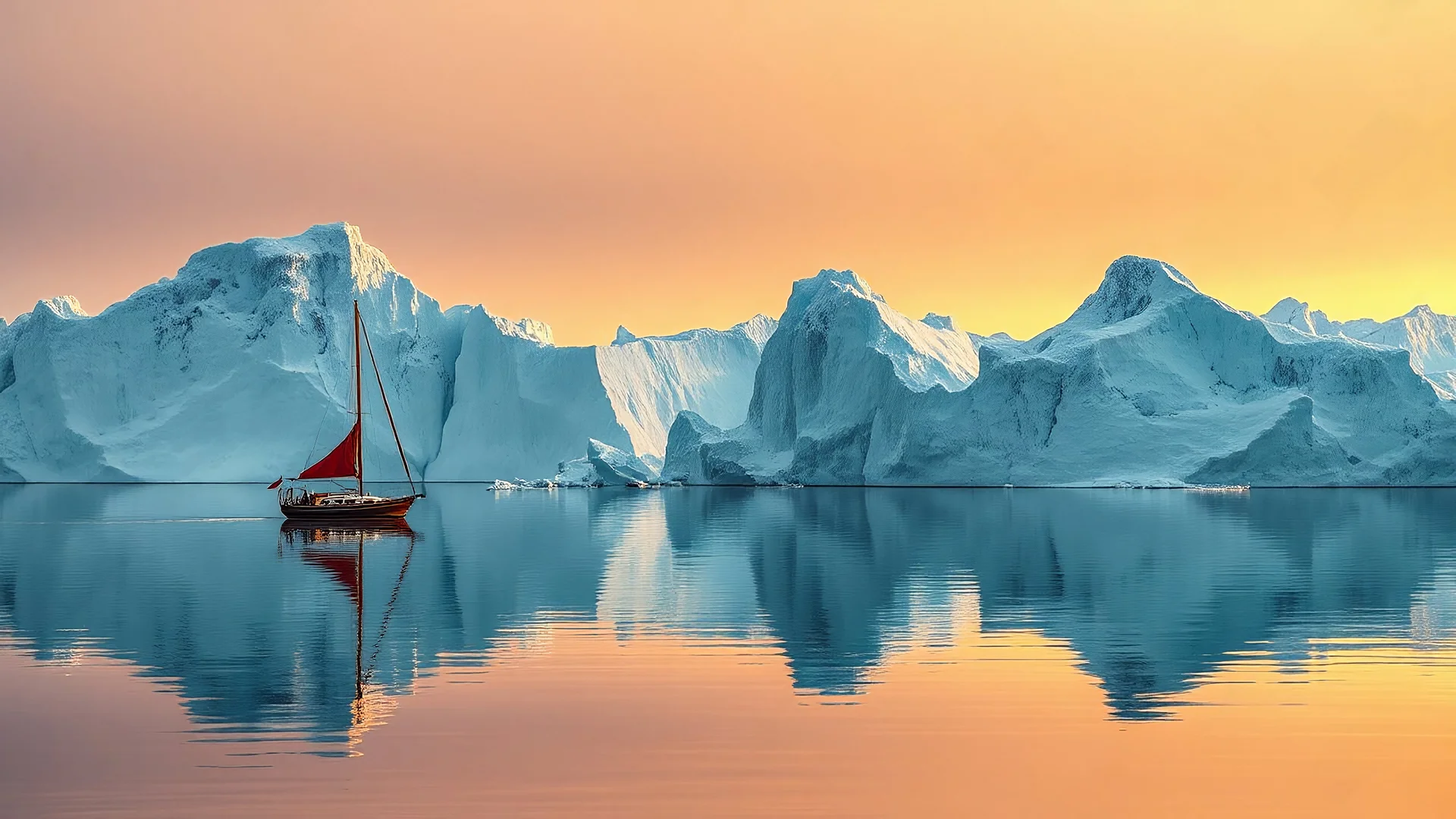 A serene, expansive, arctic seascape bathed in a muted, soft golden light of a gorgeous sunrise. A classic sailboat with a single red sail, crisp and boldly coloured, is off to the left half of the composition, floating on the glassy waters. Its reflection, including the distinct red sail, is mirrored perfectly beneath it in the calm sea. The boat is relatively small, emphasizing the grandeur of its surroundings. Towering icebergs, with intricate textures and nuanced shades of blue