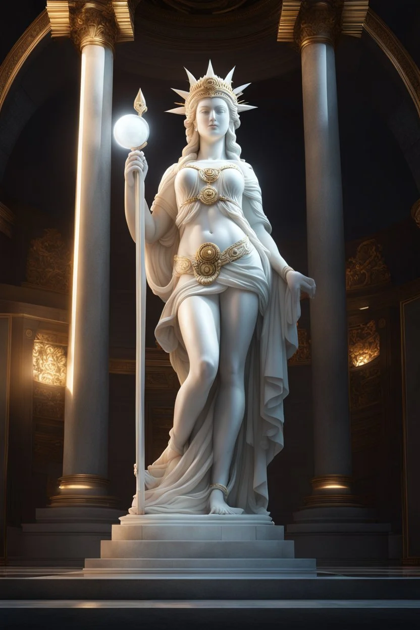 highly detailed marble and jade statue on a plint of the roman goddess of the sun. sun halo around head. beautiful face. beautiful legs. beautiful feet. big bosom. full body shot, volumetric fog, Hyperrealism, breathtaking, ultra realistic, unreal engine, ultra detailed, cyber background, Hyperrealism, cinematic lighting, highly detailed, breathtaking, stunning temple environment