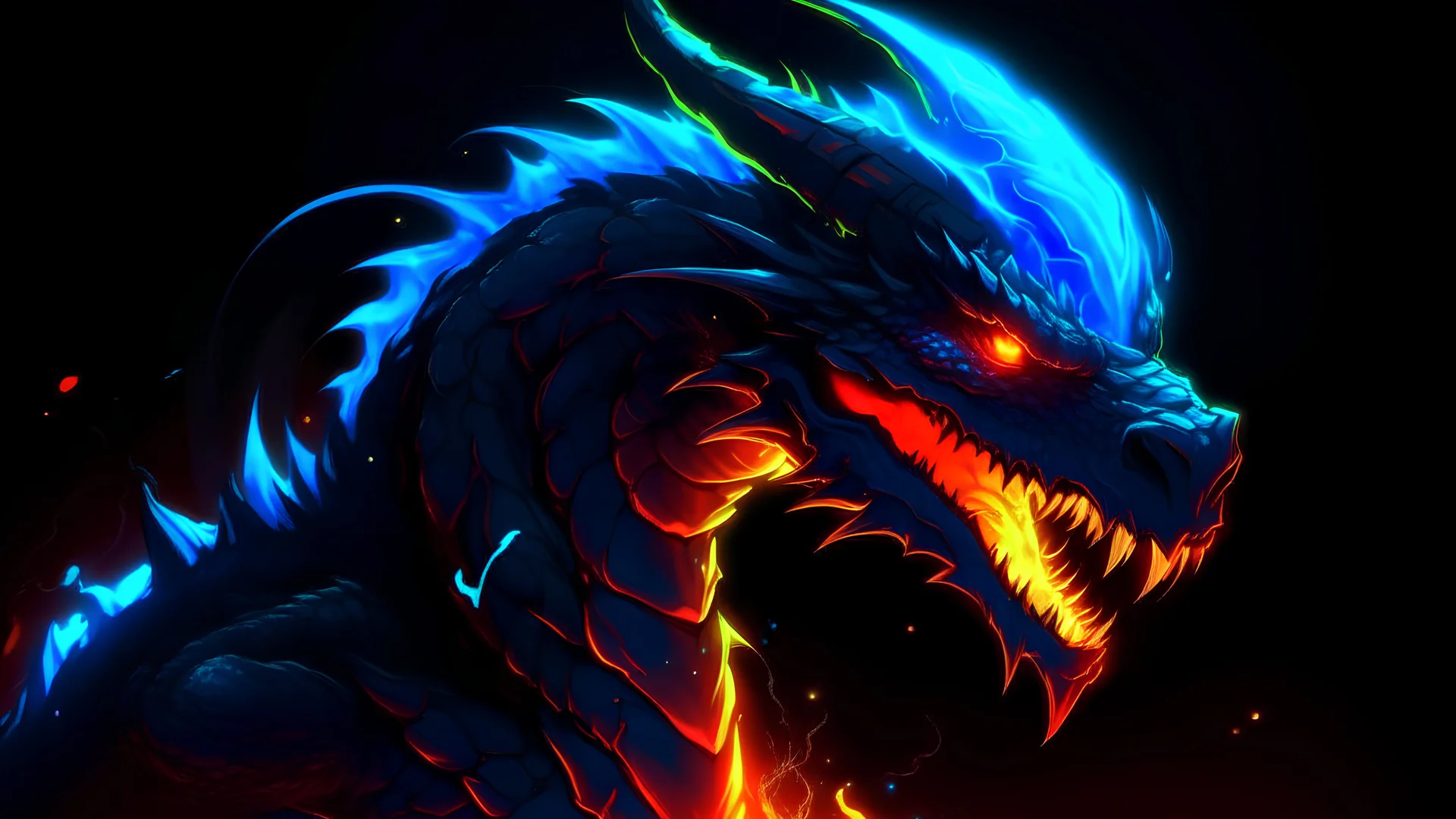 Dark anime glowing volcano villainous neon Dragon with blue atomic breath