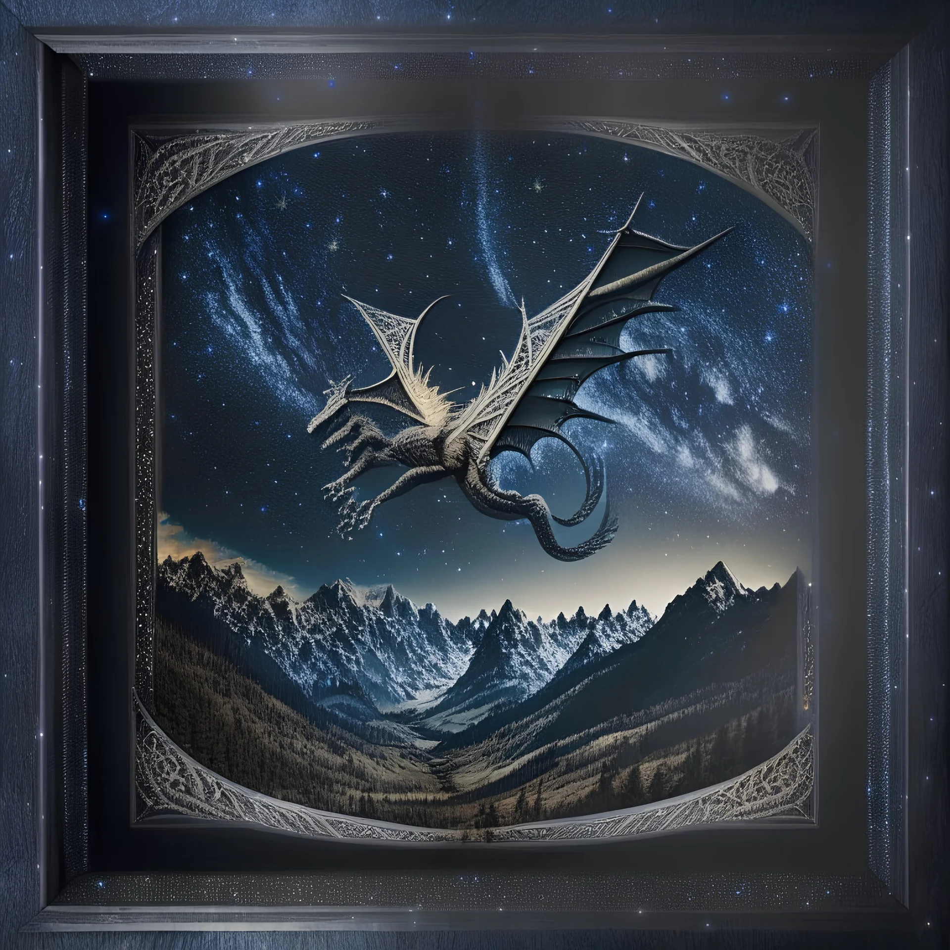 image framed with a thin border of celtic designs, story book cover format, A winged celestial dragon in flight above a forested mountain, against a background of brilliantly glittering stars, hd 4k, fine sharp detail