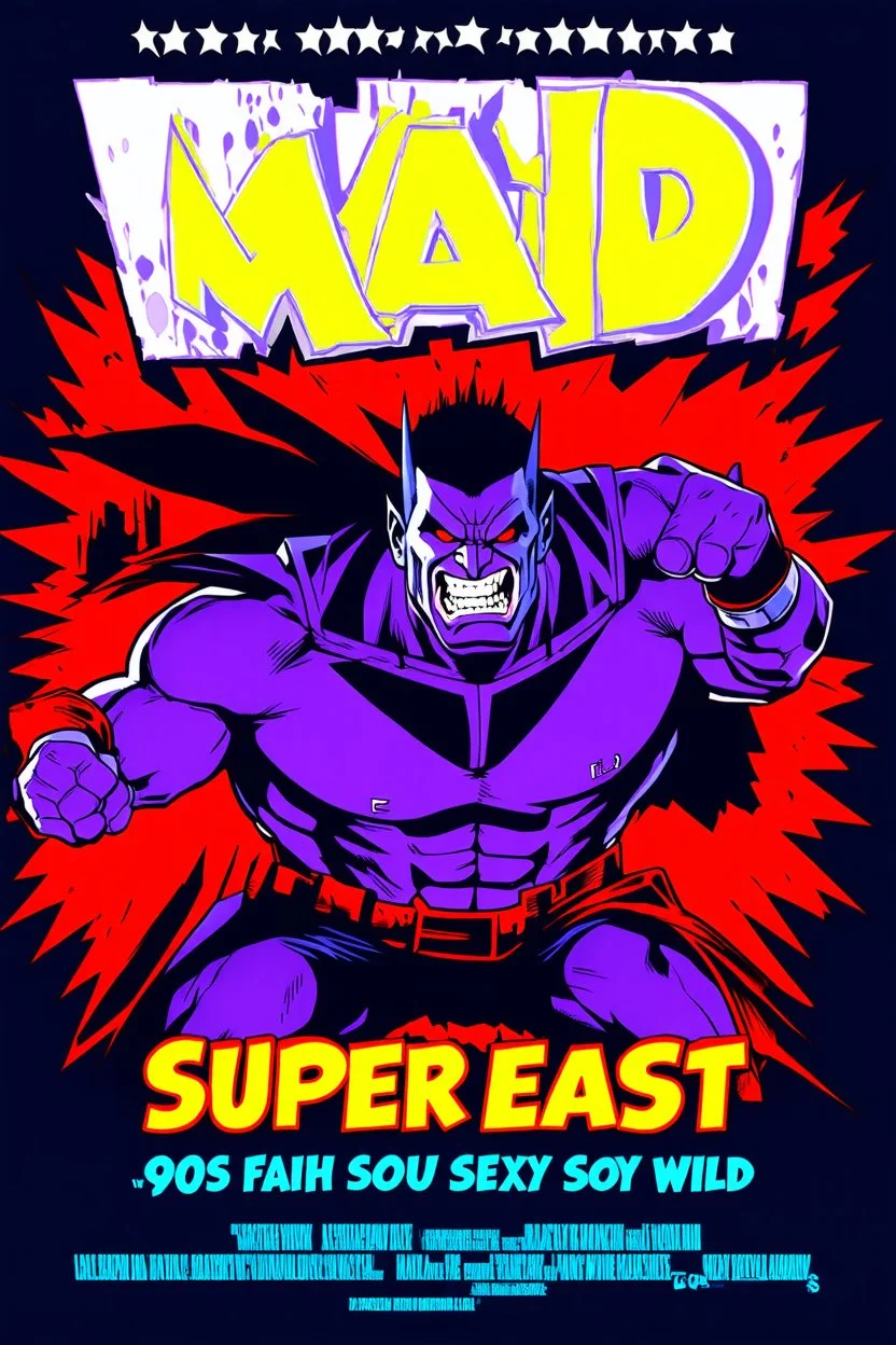 comic scary super hero mad crazy wild super head big title with movie poster title: Austin super beast, 90s style, angry fast, extreme, wild, so so so so angry, tough sexy red and purple background with 90s comic style slashes