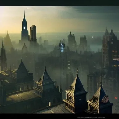 Aerial view of a Gothic city insland+new york +BioShock+Dishonored +Bloodborne +trieste+Edinburgh++Skyscraper alphonse mucha, greg rutkowski, matte painting, cryengine