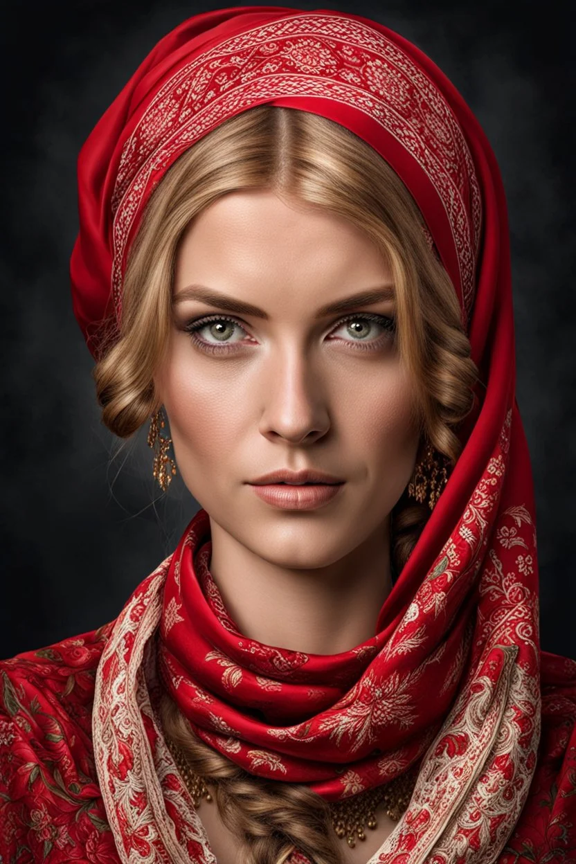 portrait a dark blonde young married woman in authentic Hungarian sárköz folk red woman headscarf , look at the camera, high realistic, high qulity, detailed, sad, beauty, perfect photo