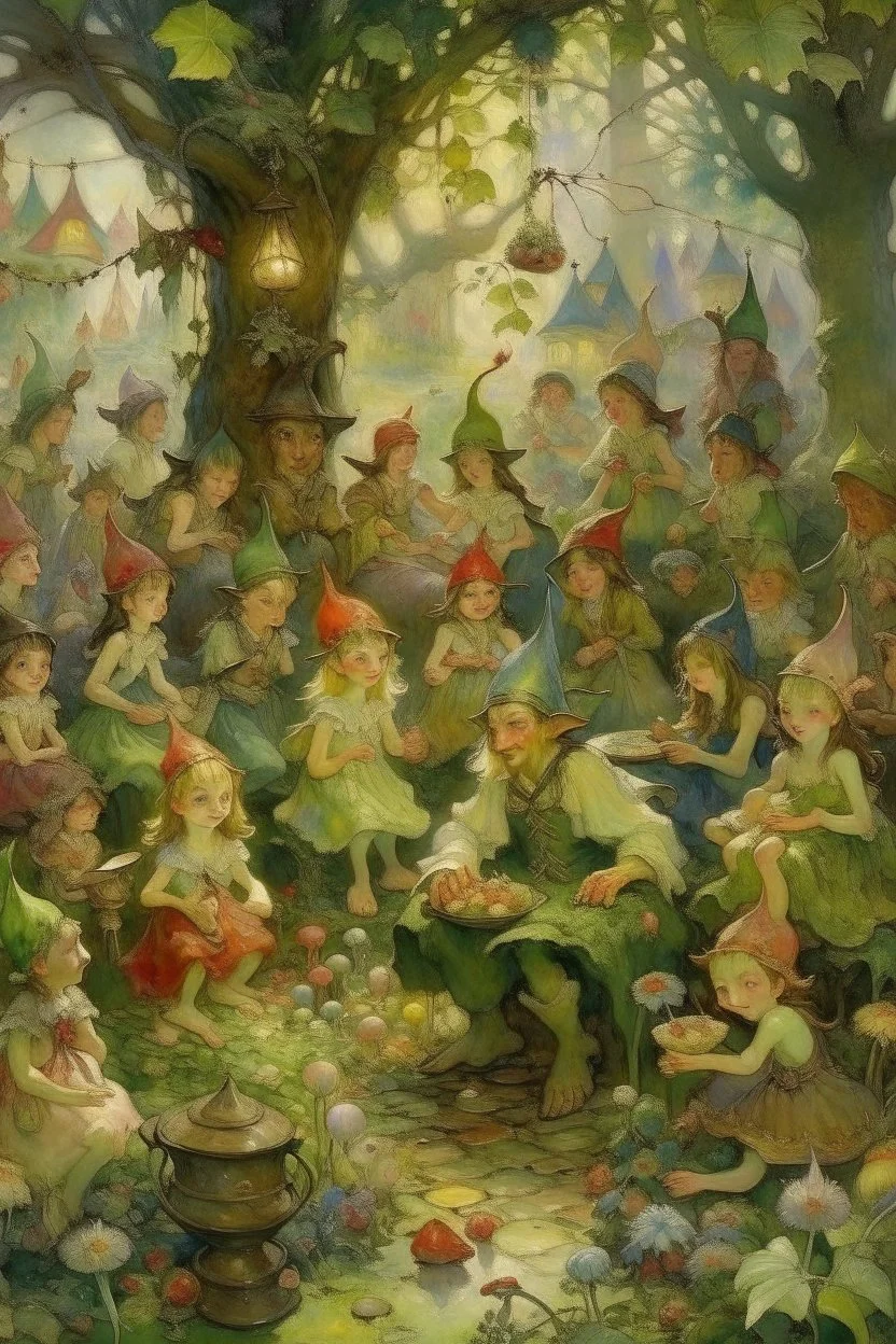 Prompt: Impressionist painting of a garden party of elves and fairies and dwarves --ar 3:2