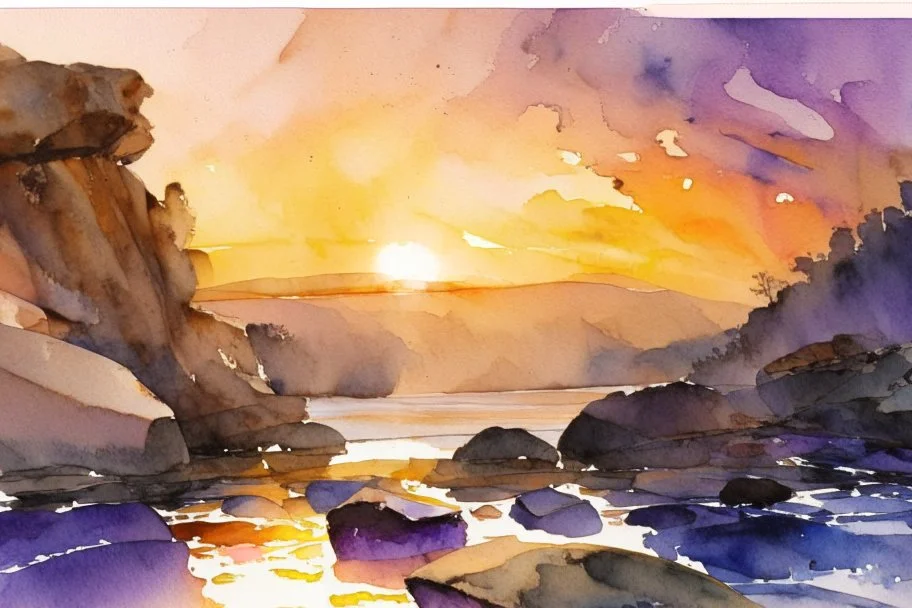 Sunset, rocks, mountains, rocky land, epic, john singer sargent watercolor paintings