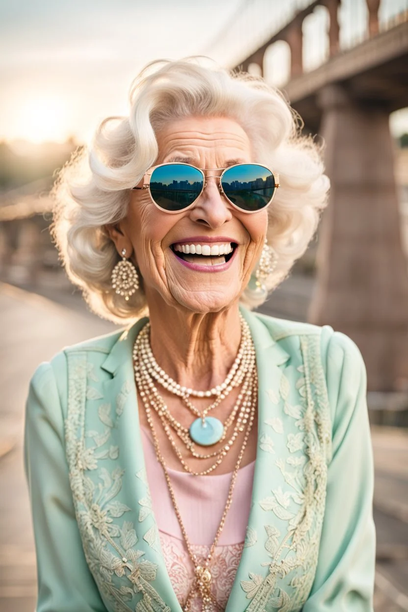 an happy older woman wearing sunglasses, vintage pastel outfit, and a necklace. She has a wide smile on her face and is laughing, in background blur bridge, natural light , high detailed, sharp focus, photorealistic, happy mood