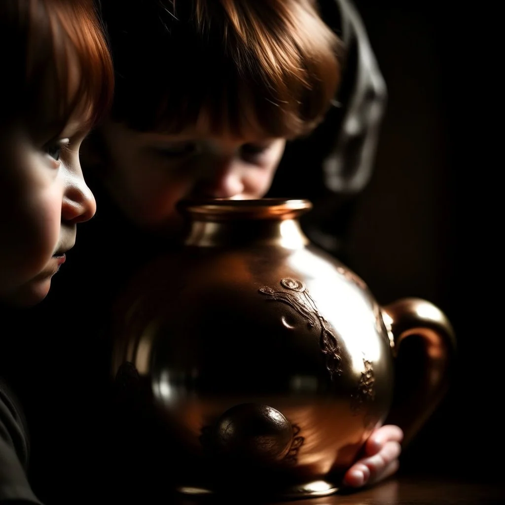 The reflection of a child on the surface of an old copper teapot