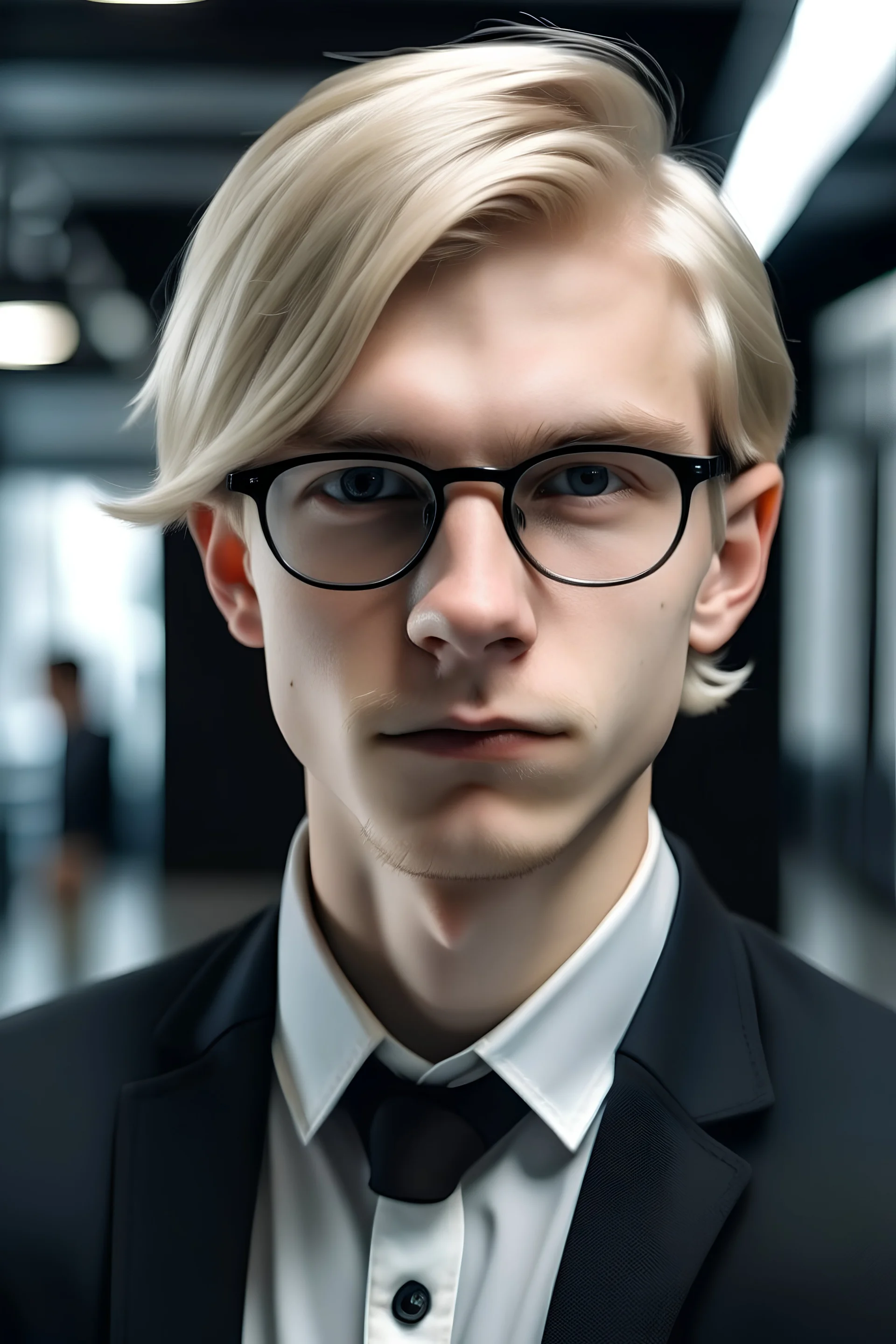 take me a picture of a student (22 years old) who is very ambitious and wants to become in the future CEO of a huge corporation. the boy has to be in glasses blonde well built and has to look like a serious person. he works in accounting