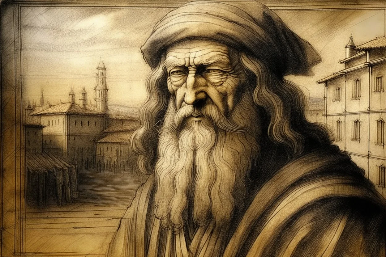 leonardo da vinci in firenze in sunshine, shading pastel and charcoal