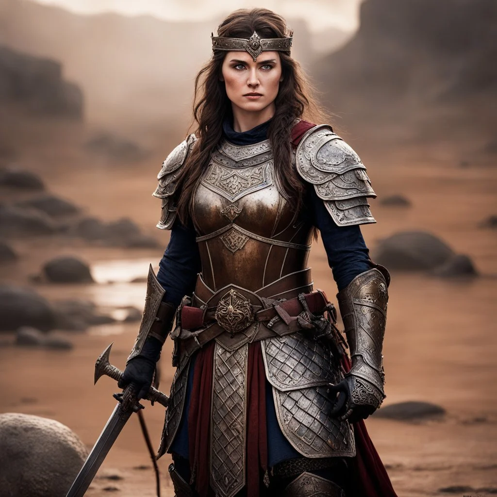 this “Conan Medieval Heroine photo” evokes noble valor and ancestral legacy, she stands covered by blood and mud in a detailed ornate armor, warm hues, and dynamic composition.