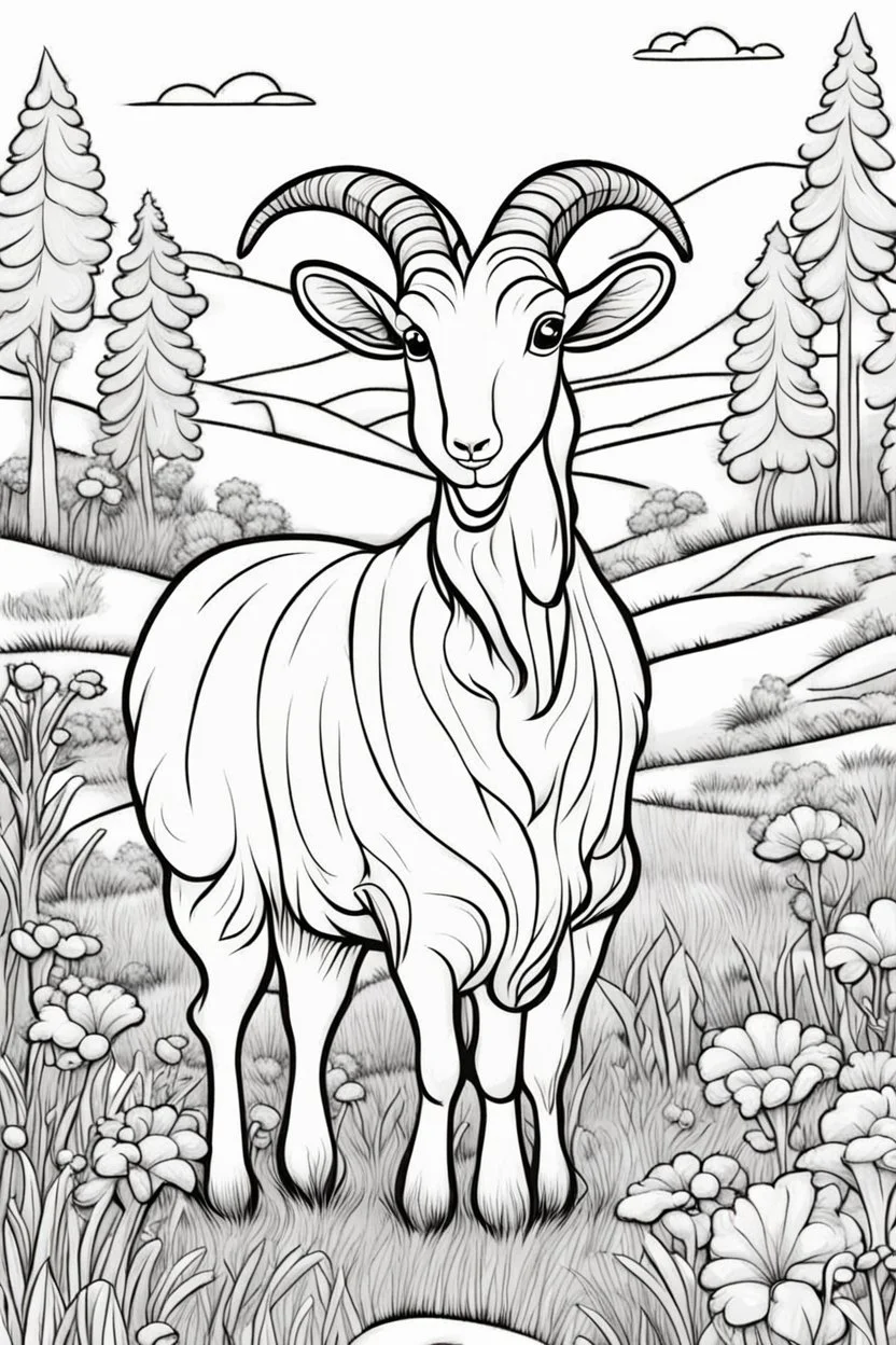 coloring page, goat in meadow, cartoon style, thick lines, low detail, no shading