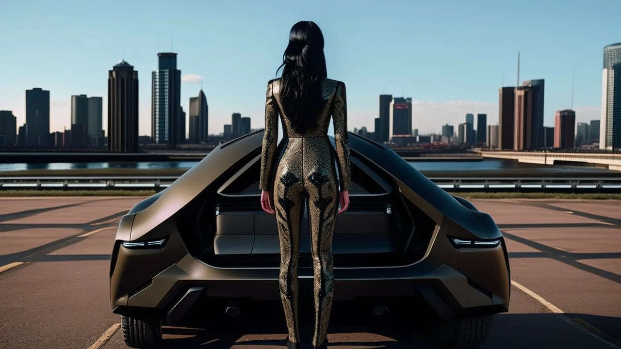 tall thin woman, with black straight hair, dressed in a camouflaged jumpsuit, looking out from the rear of a futuristic aircar, on a tarmac runway, with a city skyline in the distance