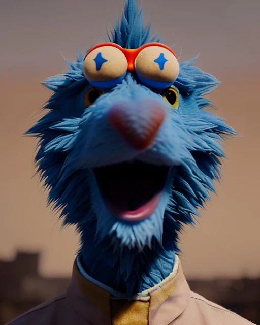 hybrid character, Sesame Street muppet head with body man, police dress, Wes Anderson style, concept art, smooth, unreal engine 5, god lights, ray tracing, RTX, lumen lighting, ultra detail, volumetric lighting, 3d.