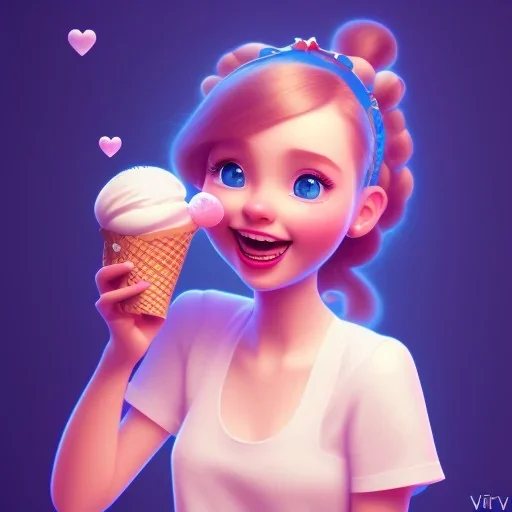 cute, adorable, smiling girl eating ice cream, candies flying all around her, Pixar, disney, cinema lighting, gaming, 8k, magic, love --q 1 --v 4