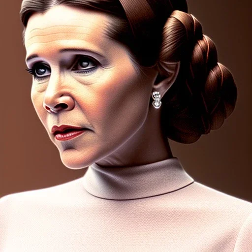 analog style, half-length color photo shoot, three-quarter face pose of carrie fisher as Princess Leia with realistic fine and very simple short hair, entrancing deep brown eyes, Intricate, High Detail, Sharp focus, realism, rim lighting, Nikon D850, ef 85mm 5.6 by Annie Leibovitz, dark plain background