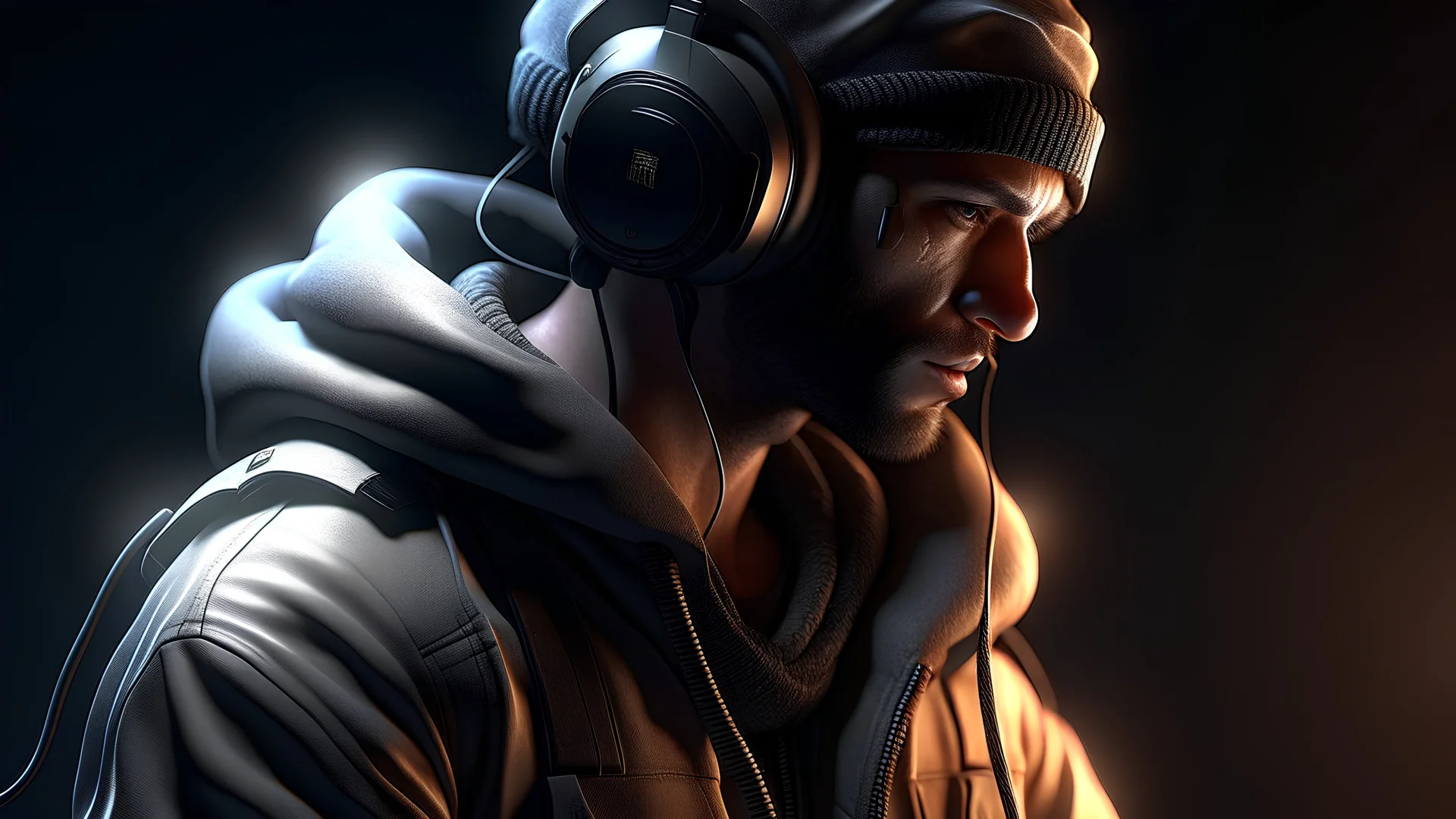 a man , detail, smooth render, with headphone scenery, comunity, many people, mineral water, full body, mad max charger, down-light, dark winter, ar 16:9