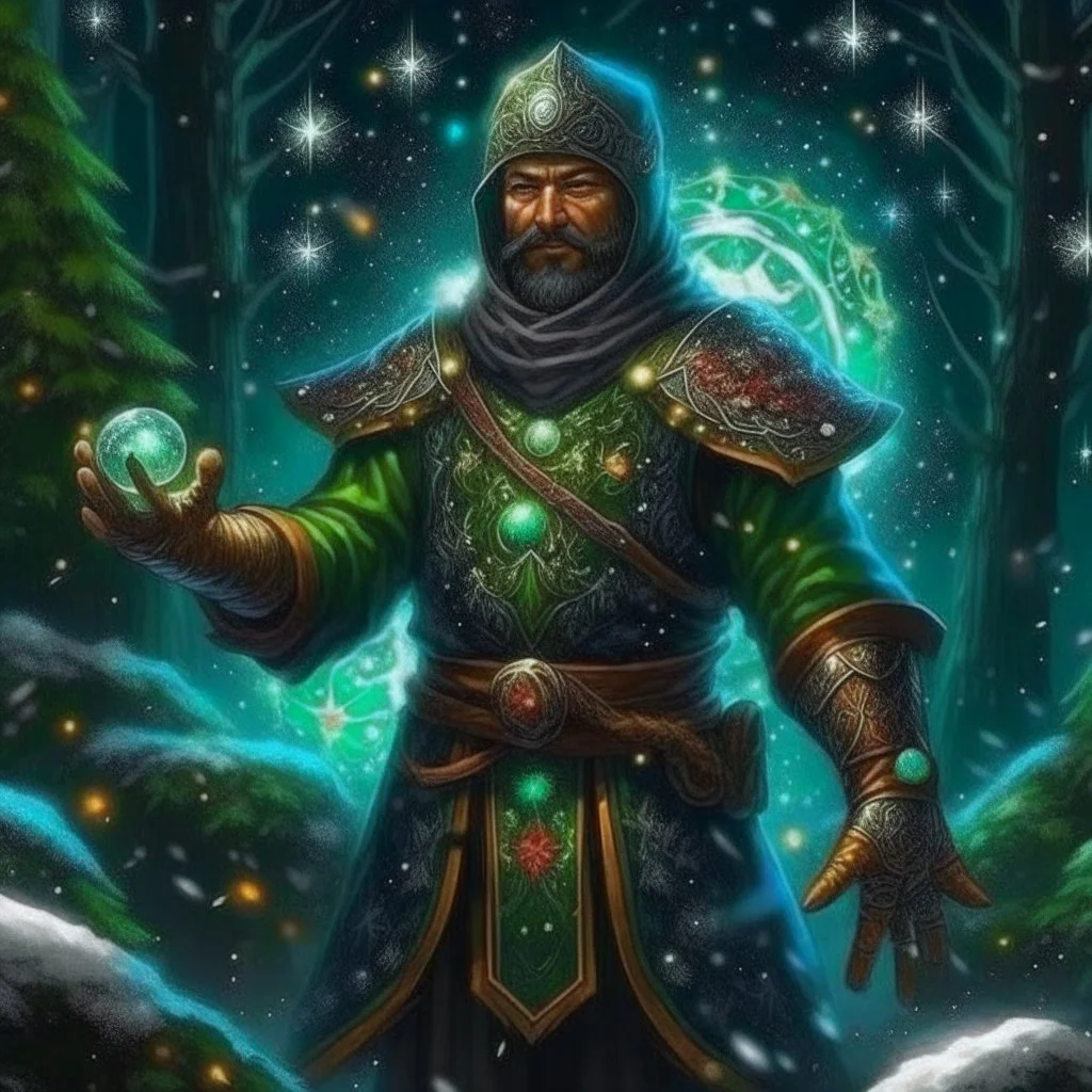 The Muslim commander in a battle dress made of galaxies and stars with a glove that has seven endless stones with a powerful army behind him A forest with dense trees in space between galaxies