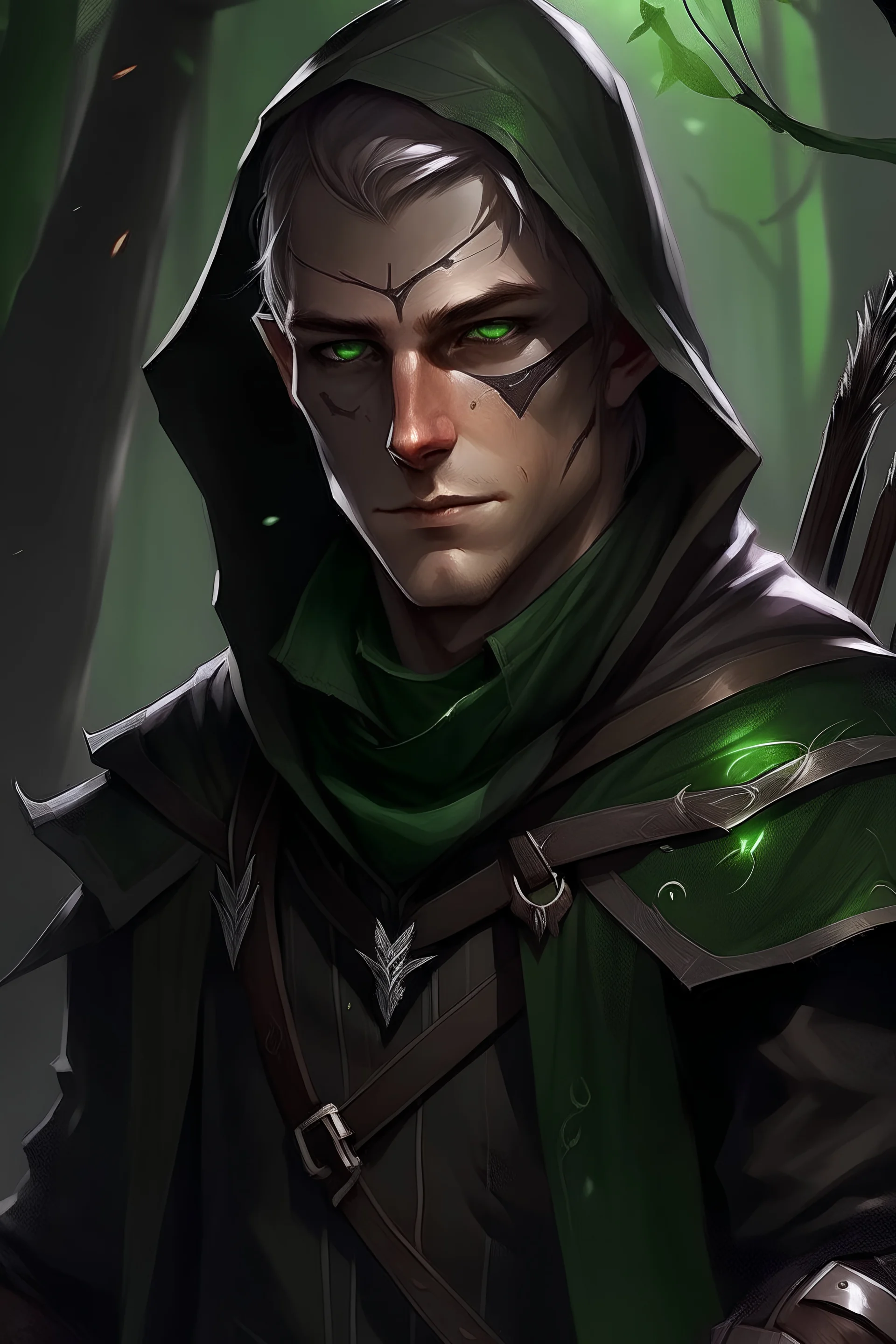 35 year old male dark rogue wood elf, thief assassin, Mauve hair, sparkling green eyes, glowing brown skin, black hood, black leather, messy, disheveled, trees, sneaky, bow and arrows, tall, skinny