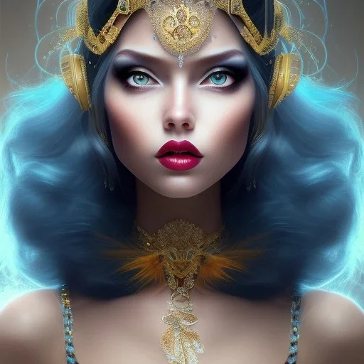 a princess with a lot of jewellery, beautiful long black hair, gold lipstick, blue eyes, with feather, dramatic, dramatic lighting, pixar style, volumetric lighting, hyperrealism, 8k, high quality, photorealistic, lot of details