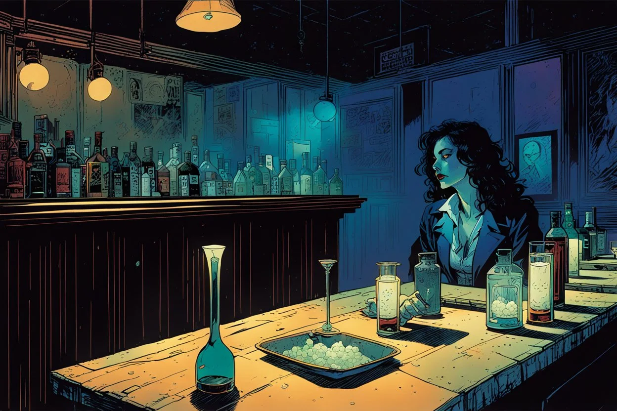 create a hardened, vampire girl, tending bar in a seedy Soho jazz club, in the comic book art style of Mike Mignola, Bill Sienkiewicz and Jean Giraud Moebius, , highly detailed,, grainy, gritty textures, , dramatic natural lighting