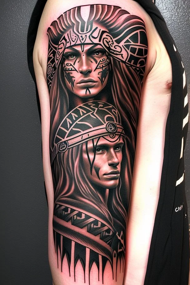 long haired warrior with tribal tattoos and cloak