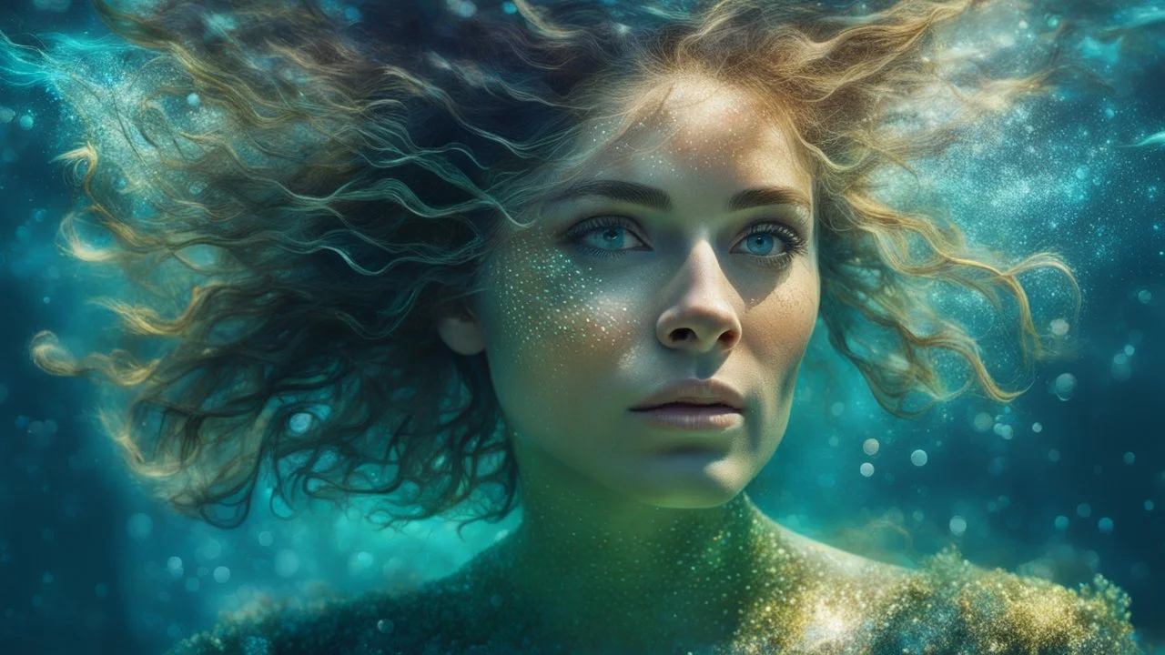 portrait of a woman, beautiful eyes, dancing underwater, scales, seaweed hair, double exposure, glare, sparkles, clear lines, detail, fine rendering, high resolution, 64K, photorealism, precise focus, digital painting,