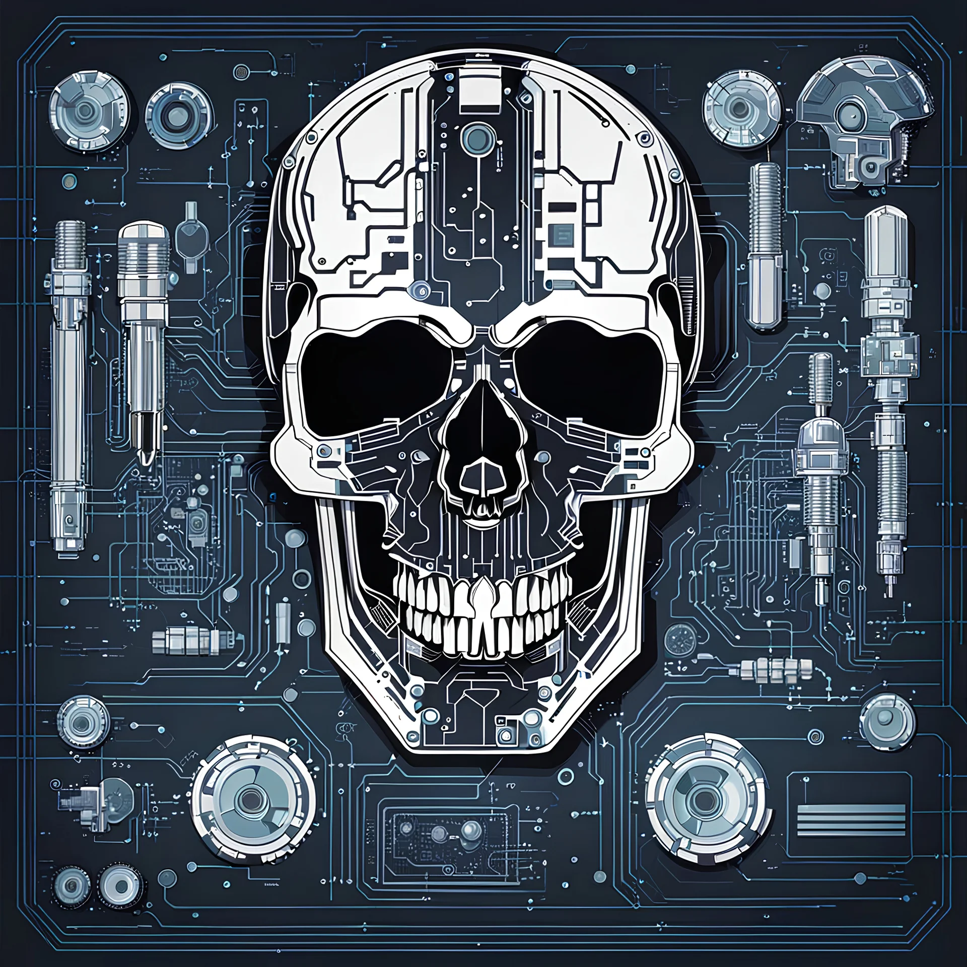 FLAT VECTOR LAYERED IMAGE OF CYBERNETIC SKULL PARTS IN A SCHEMATIC