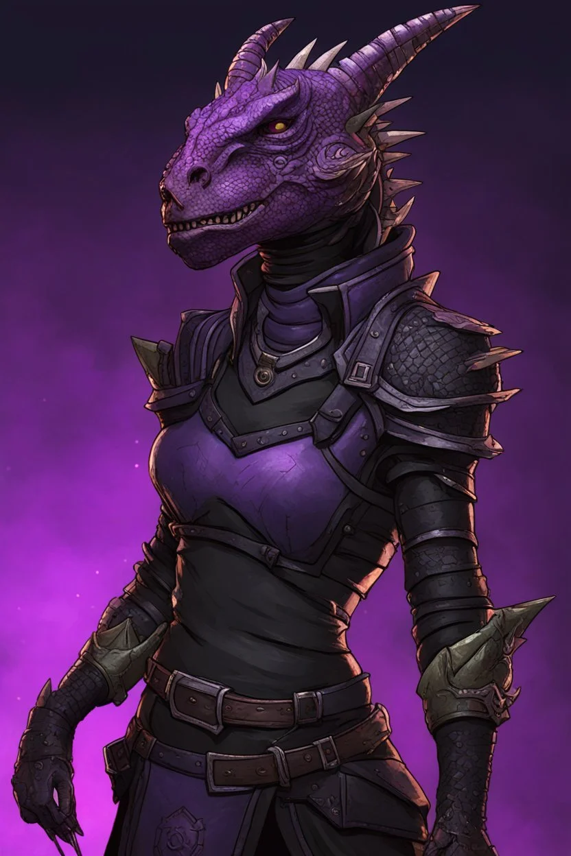 a black and purple, female argonian artificer who uses Tesla coils as weapons, skinny