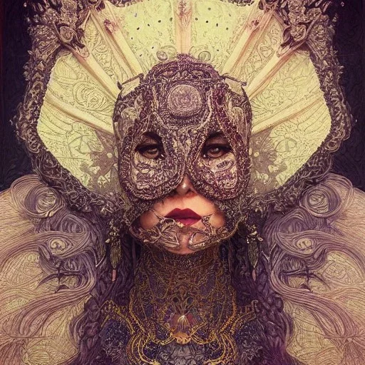 portrait,"Insanely detailed photograph of a beautiful Queen of the Dark Goddess,gorgeous clean face,intricate mask, highly intricate dress,intricately designed colorful flowers in hair,elegant, highly detailed hair, digital painting, artstation, concept art, smooth, sharp focus, illustration, art by artgerm and greg rutkowski, alphonse mucha,Dan witz, 8 k,looking downward,album cover art,fantasy