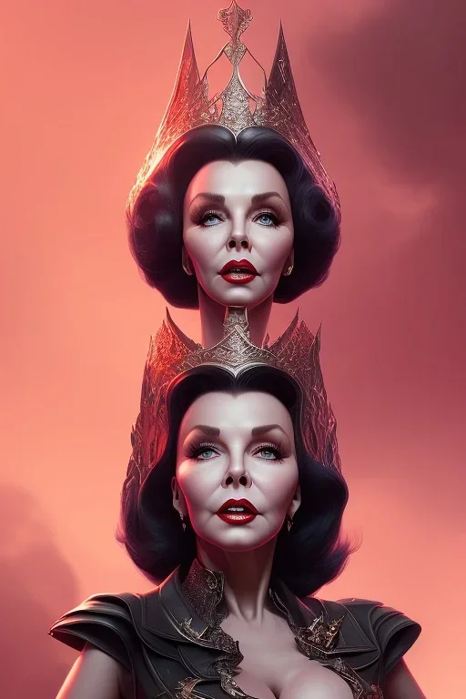 Joan Collins as evil queen in black leather, leather, busty, cleavage, angry, stern look. character design by cory loftis, fenghua zhong, ryohei hase, ismail inceoglu and ruan jia. unreal engine 5, artistic lighting, highly detailed, photorealistic, fantasy