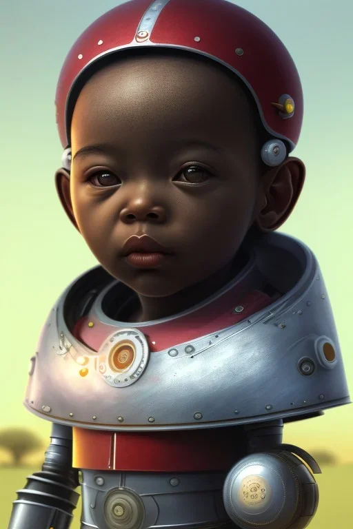 african baby head portrait, warrior costume, 3d, village, robot, fetus, 8k quality