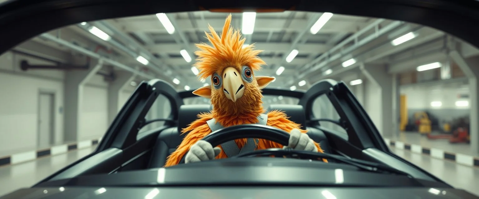 car driving happy 2d fluffy elf parrot rapper in the style of Escher and Giger and Fallout 4, pinhole cam, airbrush 3d rendering, on tv screen:A five-second cinematic single take in a clean industrial presentation hall.