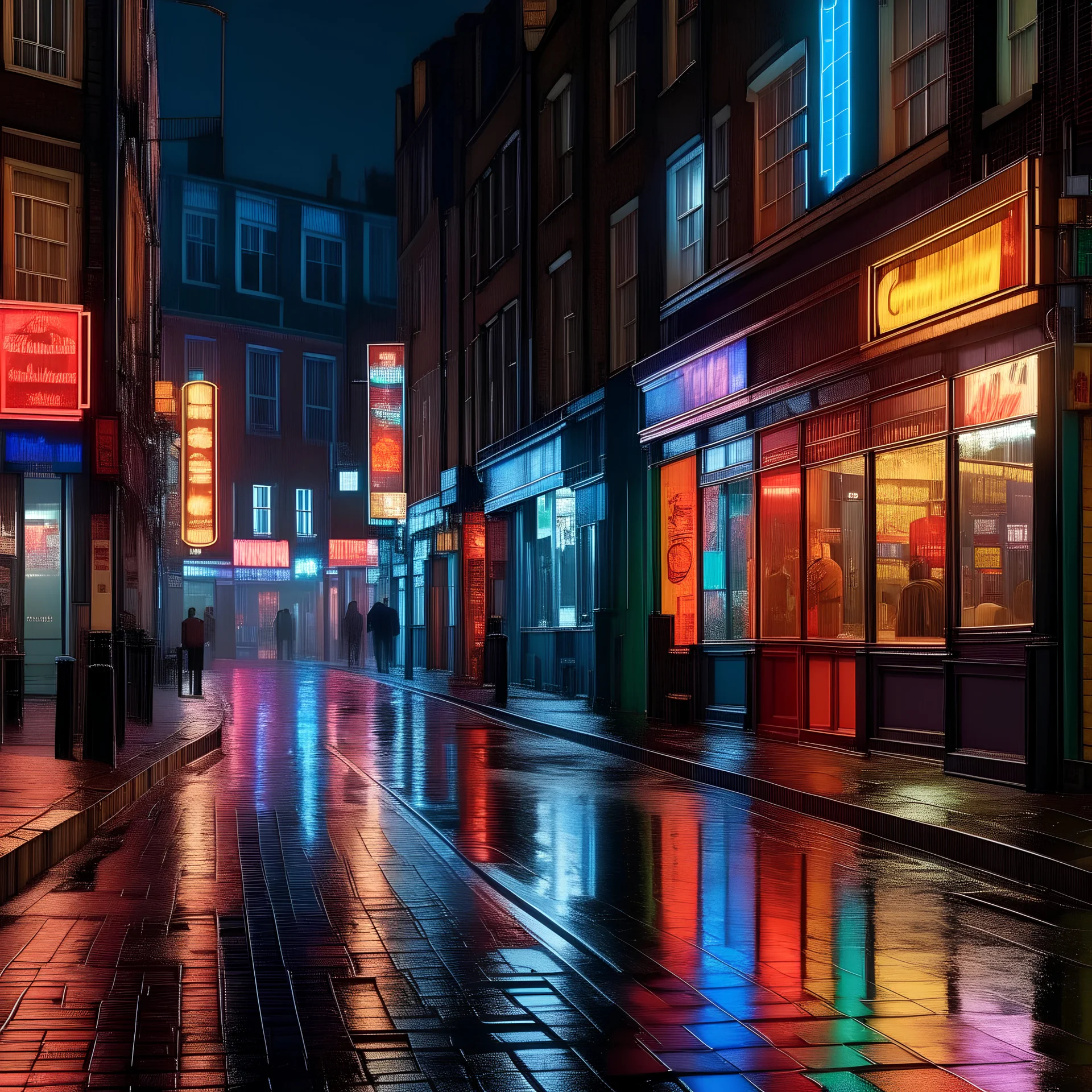 a street in london with neon signs after it has rained